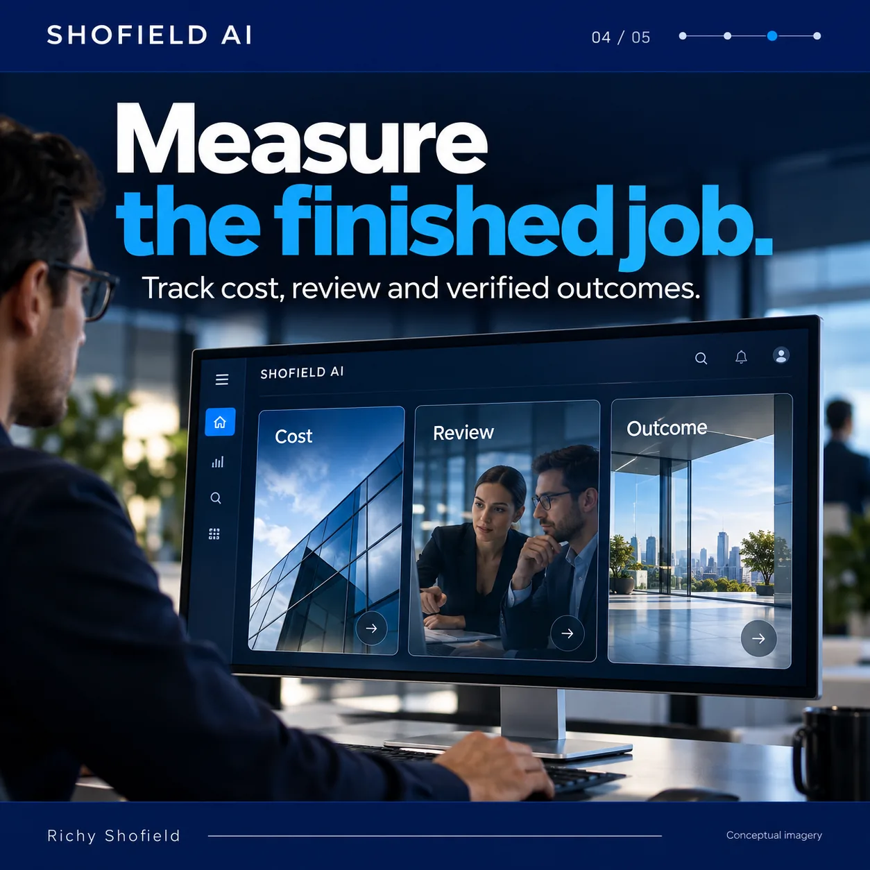 Slide 4 of 5: measure the finished job. A conceptual enterprise screen presents cost, review and outcome without invented metrics.