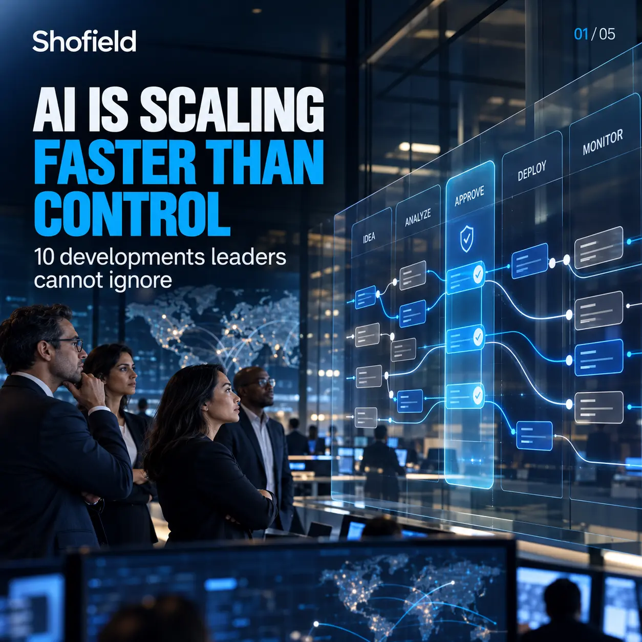 AI-generated conceptual illustration of business leaders reviewing coordinated AI work as it passes through an approval gate; not a product screenshot.