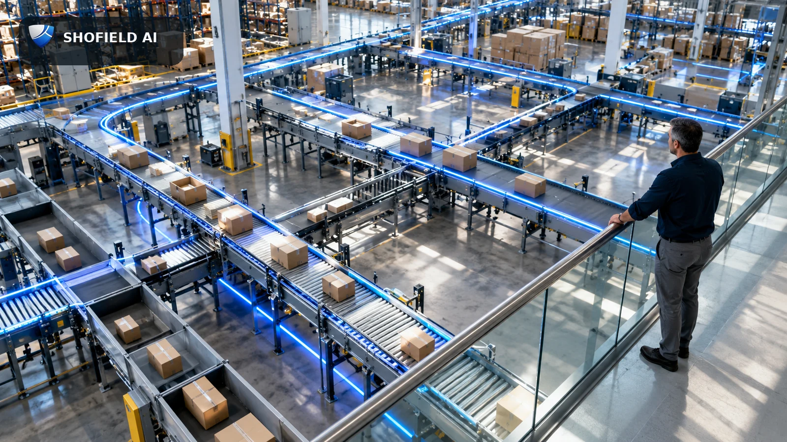 Shofield AI conceptual editorial image of an operations lead overlooking coordinated fulfillment routes in a modern distribution centre.
