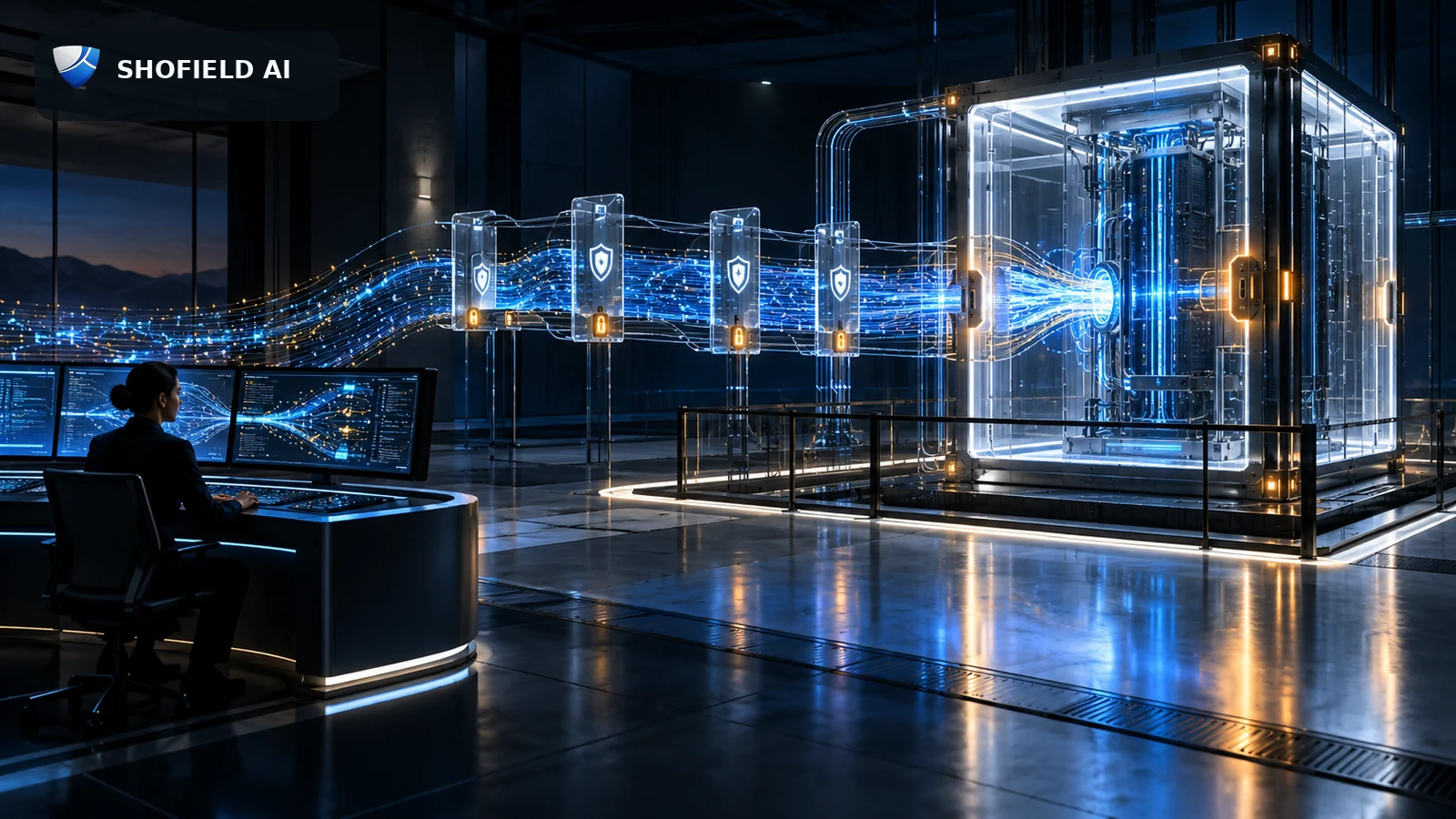 Shofield AI conceptual editorial image of a security analyst supervising a hardware-isolated compute chamber and segmented data paths.
