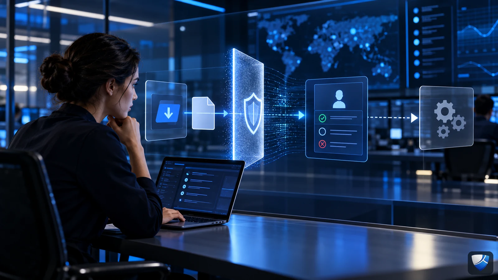 A Shofield AI-branded conceptual security operations scene showing an untrusted file stopped at an approval boundary before an automated workflow.