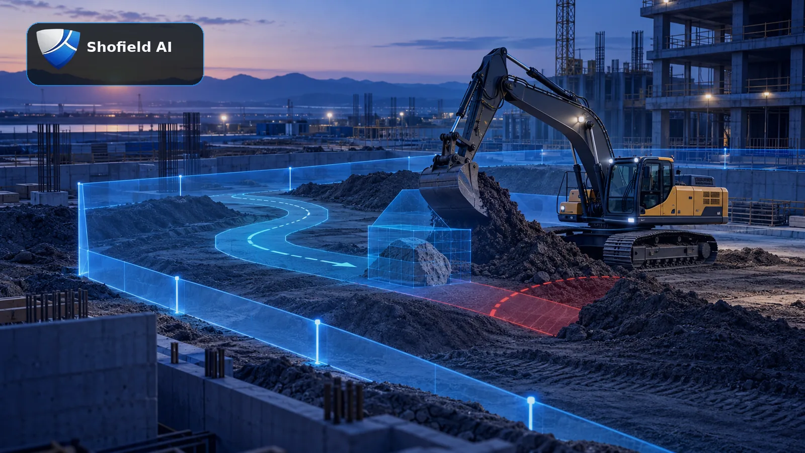 A Shofield AI conceptual image of an autonomous excavator operating inside a visible geofence with obstacle detection, approved routing and a stop boundary.