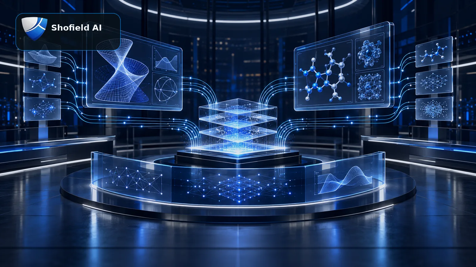 A Shofield AI conceptual research environment where mathematical and scientific results pass through two independent verification paths into an evidence ledger.