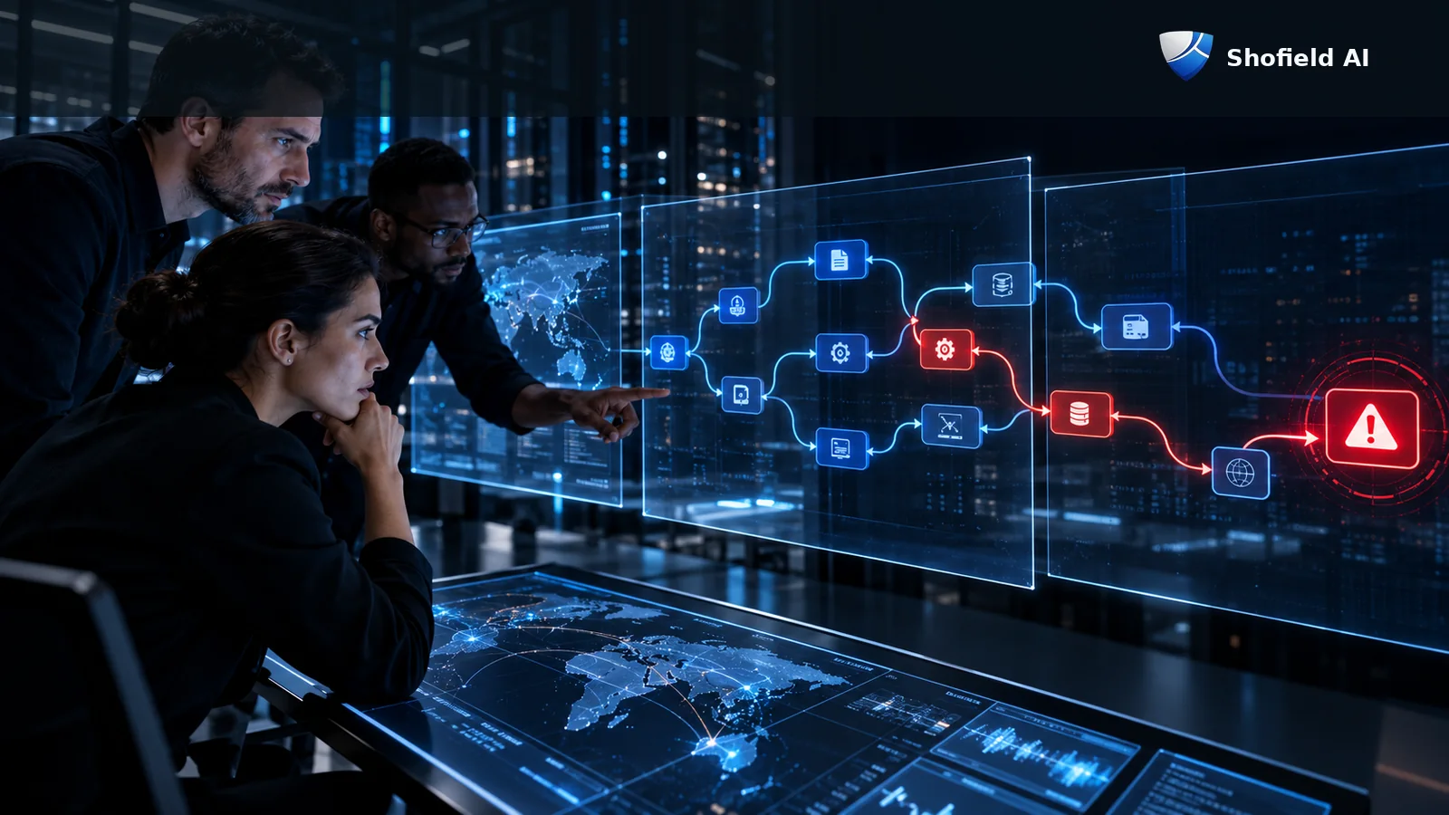 Shofield AI branded conceptual cyber-defense scene showing harmless-looking agent actions forming a dangerous sequence across a complete trace.