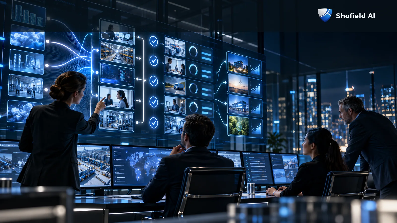 Shofield AI branded conceptual scene of enterprise leaders tracing AI spend through workstreams to verified deliverables and evaluated outcomes.