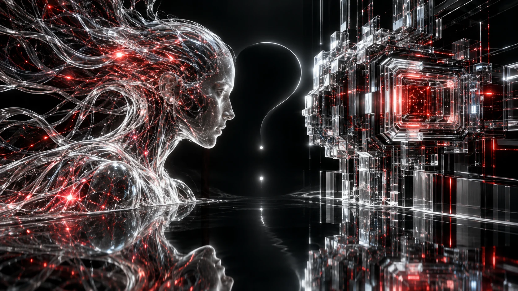 Conceptual illustration of a transparent human-like face and a crystalline machine separated by an illuminated question mark.