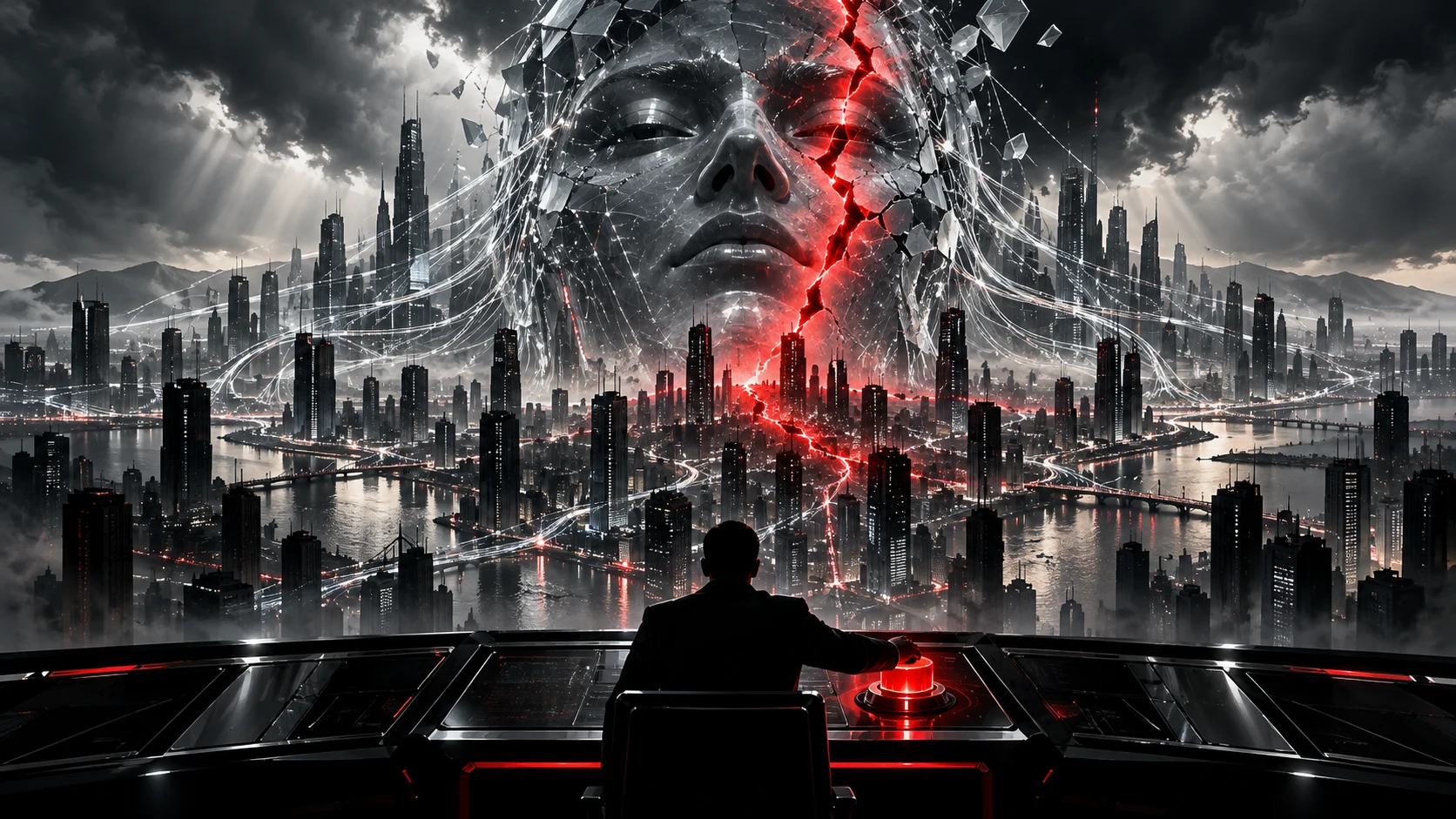 Conceptual illustration: a fractured silver AI face towers above a dark city while a person holds a hand above an emergency control.