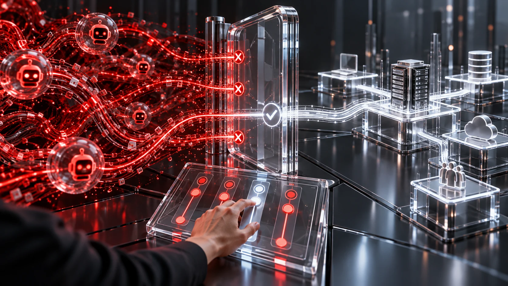 Conceptual illustration of a human-controlled permission gate blocking red AI connections while allowing one approved connection to business systems.