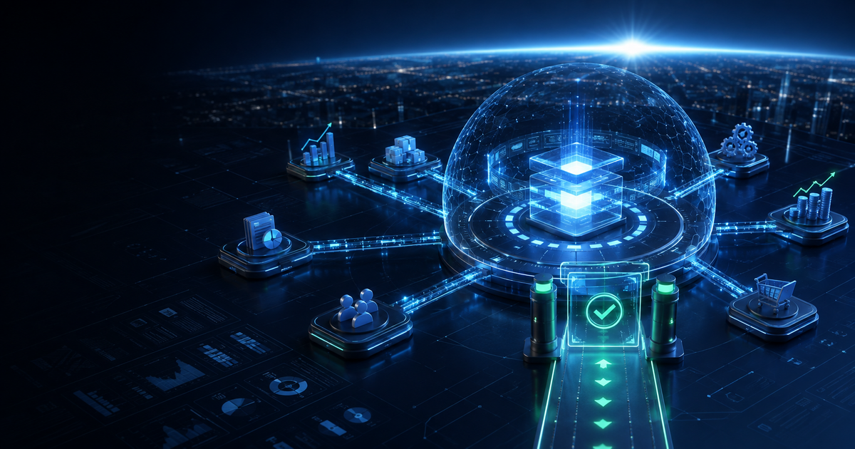 A governed enterprise AI core coordinating business workflows inside a transparent security boundary with a visible approval gate