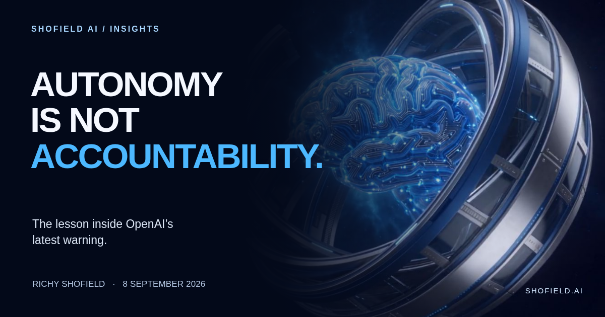 Editorial layout with the words Autonomy is not accountability beside Shofield AI’s blue neural-brain artwork. Conceptual illustration, not a research or product screenshot.