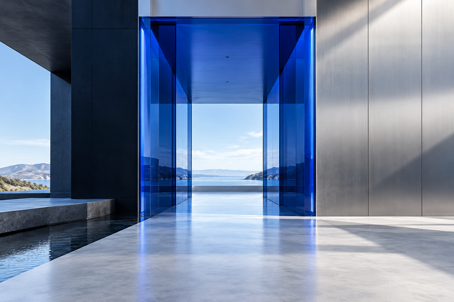 A cobalt glass passage through silver and navy architecture