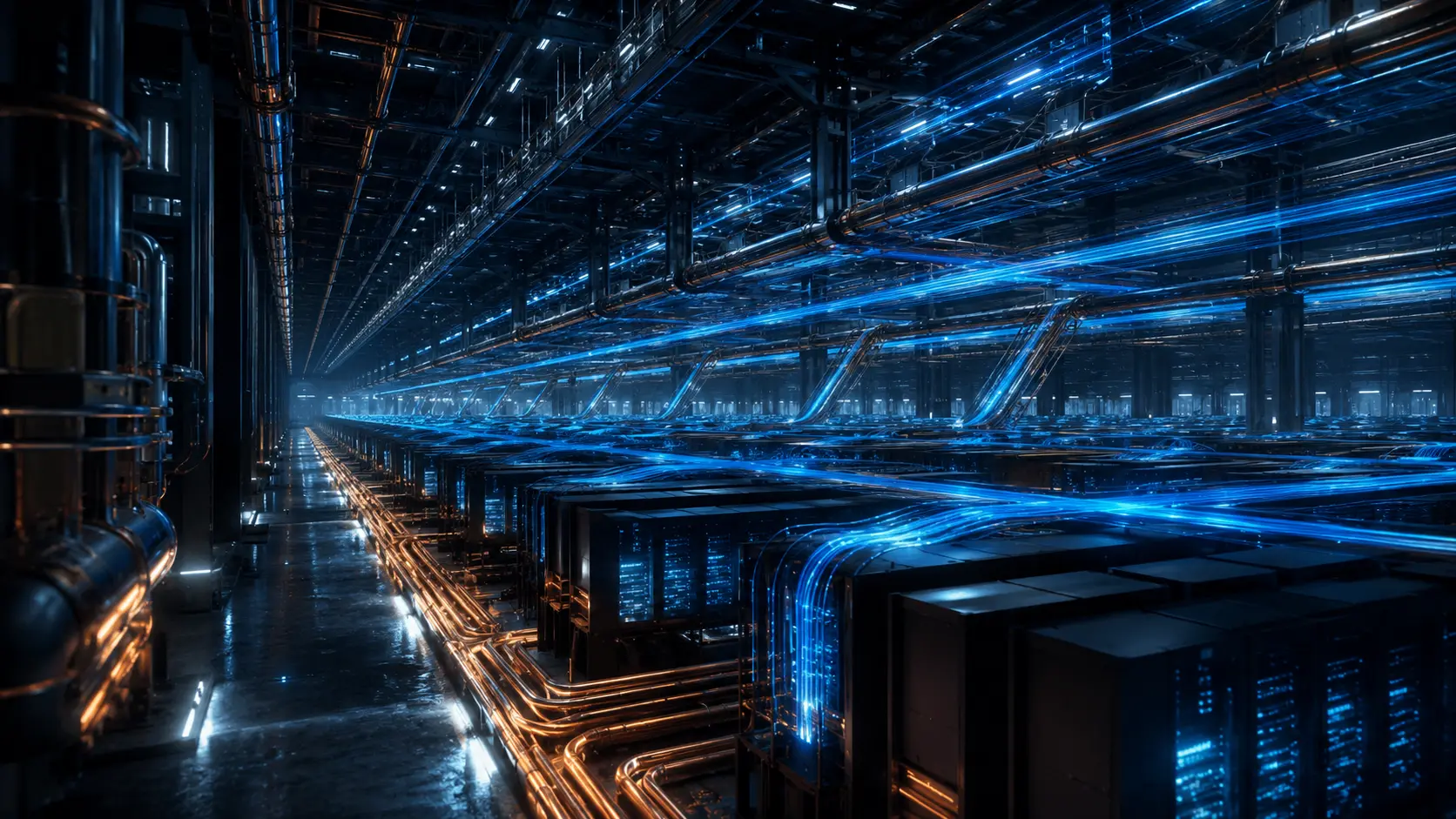 Large-scale AI inference hall with optical networking and controlled power and cooling flows