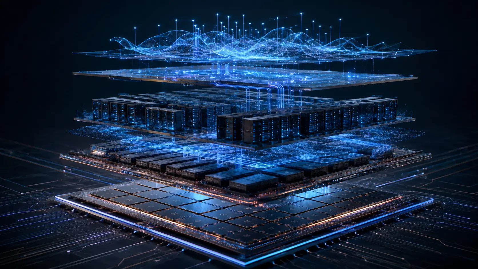 Layered intelligence stack rising from silicon through memory, networking and autonomous AI workflows