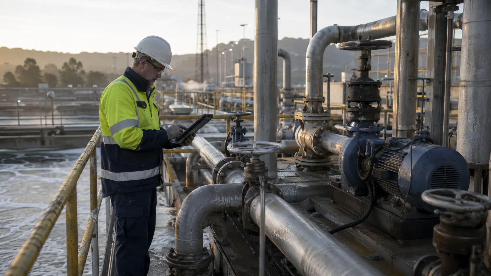 Field engineer inspecting pumps and pipework at a working water-treatment facility